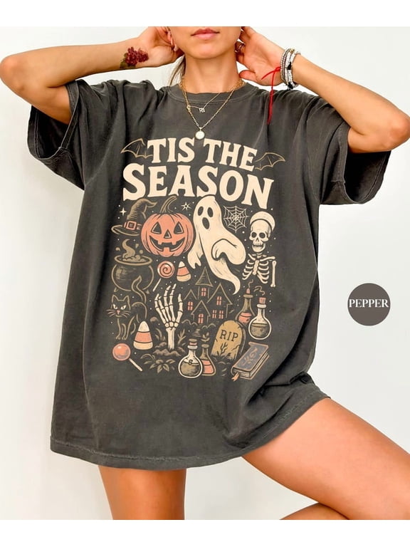 Retro 'Tis The Season Skeleton Pumpkin Ghost Halloween TShirt | Y2K Halloween | Women's Shirt