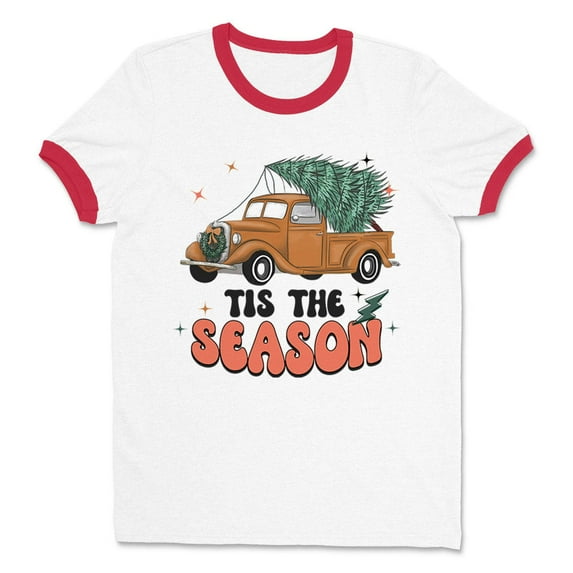 Retro Tis the Season Ringer Tee Shirt Unisex Large White/Red