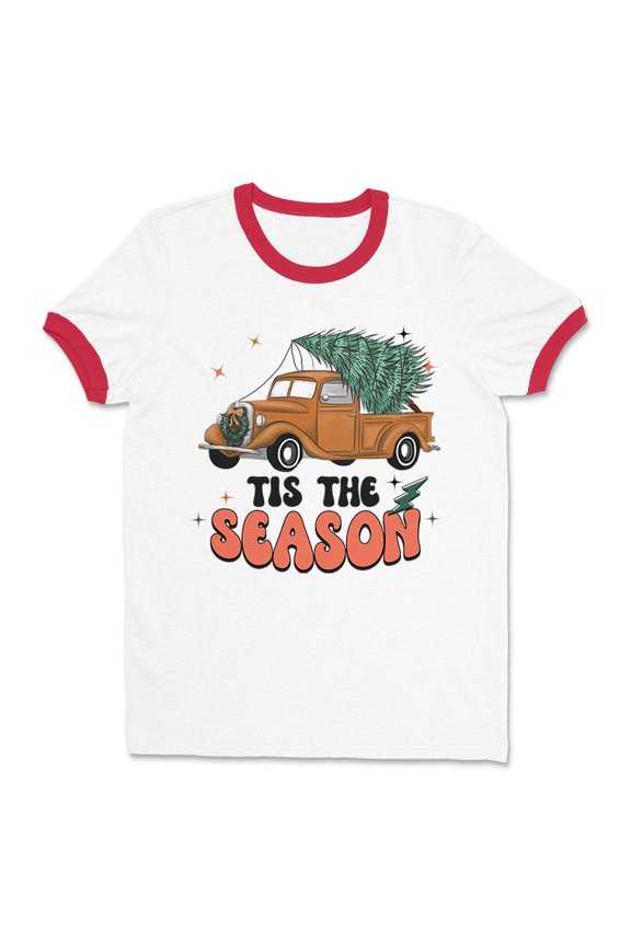 Retro Tis the Season Ringer Tee Shirt Unisex Small White/Red
