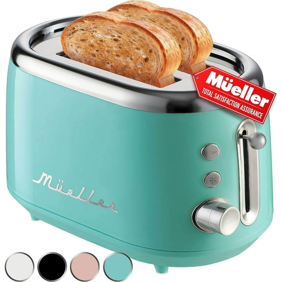 Retro Toaster 2 Slice with 7 Browning Levels and 3 Functions: Reheat, Defrost & Cancel, Stainless Steel Features, Removable Crumb Tray, Under Base Cord Storage, Turquoise