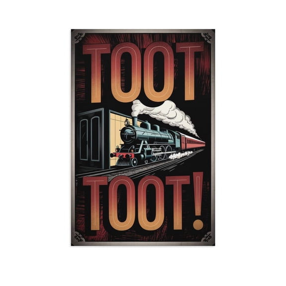 Retro Toilet Poster Featuring Steam Train Emerging from Bathroom Stall with Toot Toot Text for Restroom Art Canvas Poster