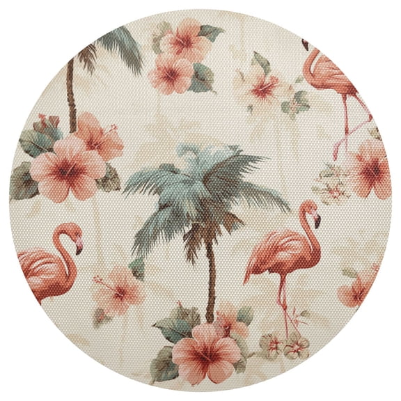 Retro Tone Flamingos Palm Trees Flowers PVC Round Grid Placemat Table Mat 1 Pc 15.4" x 15.4"