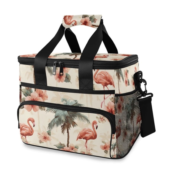 Retro Tone Flamingos Palm Trees Flowers Portable Cooler Lunch Box Reusable Insulated Lunch Bag Leakproof 15L
