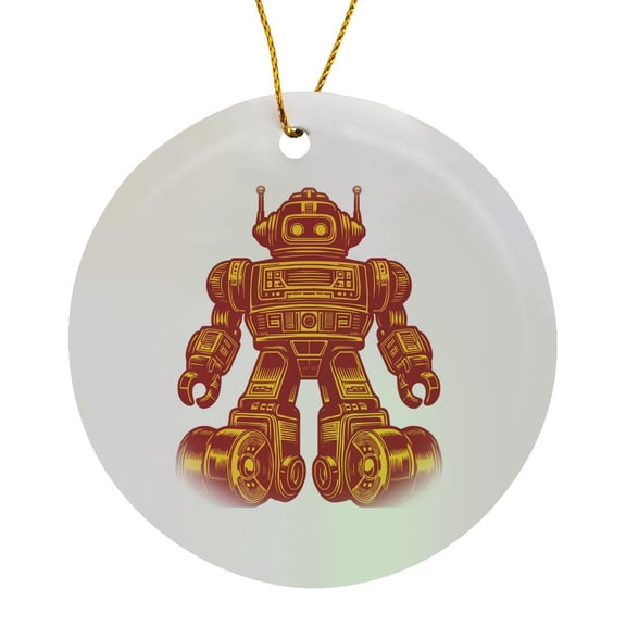 3drose, Retro Toy Robot in Red and Yellow, Circle Porcelain Ornament