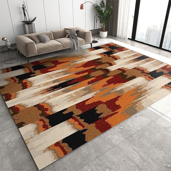 Retro Traditional African Geometric Pattern Area Rug for Living Room, Brick Red Black Brown Orange Striped Rug, Washable Breathable Durable Carpet for Front Entrance Floor Decor 5 x 7ft
