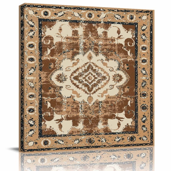 Retro Traditional Ethnic Tribal Floral Canvas Artwork Painting Art, Light Brown Square Framed Wall Decorations Prints Picture for Bedroom Kitchen Living Room, 12x12 in