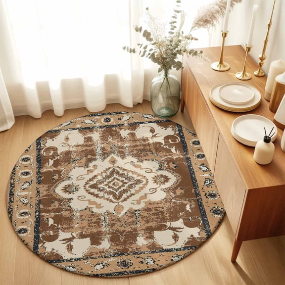 Retro Traditional Ethnic Tribal Floral Round Rug 3ft Light Brown Washable Area Rugs for Living Room Bedroom Entryway Non Slip Entrance Door Mat Indoor Floor Carpet