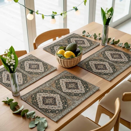 Retro Traditional Turkish Floral Pattern Placemats Set of 4,Wipeable Washable Table Mats for Dining Tables, Vintage Medieval Art Place Mats for Kitchen Event Party Tabletop Decor