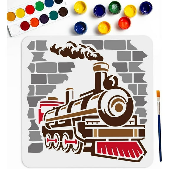 Retro Train Stencil 11.8×11.8inch Large Train Steam Engine Locomotive Stencils with Paint brush Brick Wall Railway Transportation Vehicle Template for DIY Craft Furniture Wood Canvas Paper
