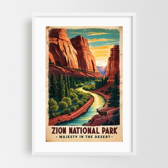 Retro Travel Art: Zion's Towering Sandstone Cliffs - Utah Illustration Travel Poster Vintage Poster Desert Landscape Nature Wildlife Scenic White Framed Wall Art Print 24 x 36 inches