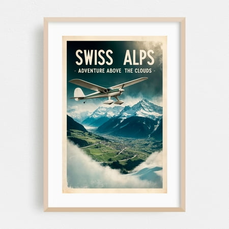 Retro Travel Poster: Soaring Over Swiss Peaks - Airolo Ticino Switzerland Illustration Vintage Poster Travel Poster Airplane Mountain Scenic Oak Framed Wall Art Print 5 x 7 inches