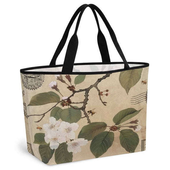 Retro Tree Branches Beach Bag for Women, Large Breathable Mesh Beach Tote Bag, Country Vintage Flowers Green Leaves Sandproof Lightweight Travel Bags for Vacation Picnic Swimming Pool