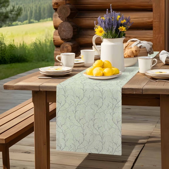 Retro Tree Branches Texture Table Runner 13x36in Non-Slip Cotton Linen Table Runners, Vintage Plants on Green Dresser Scarves TableRunner for Dinner Kitchen Dining Wedding Party