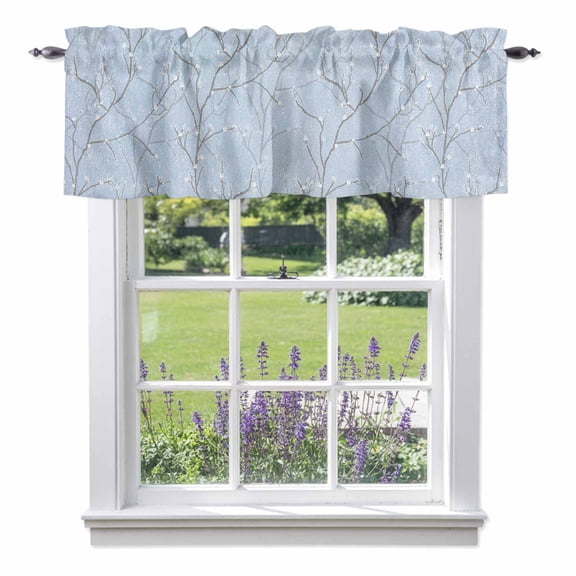 Retro Tree Branches Texture Valances for Windows,Kitchen Valance Rod Pocket Short Curtain, Vintage Plants on Bue Valance Curtain Window Valances for Bedroom Bathroom Living Room 42x12in