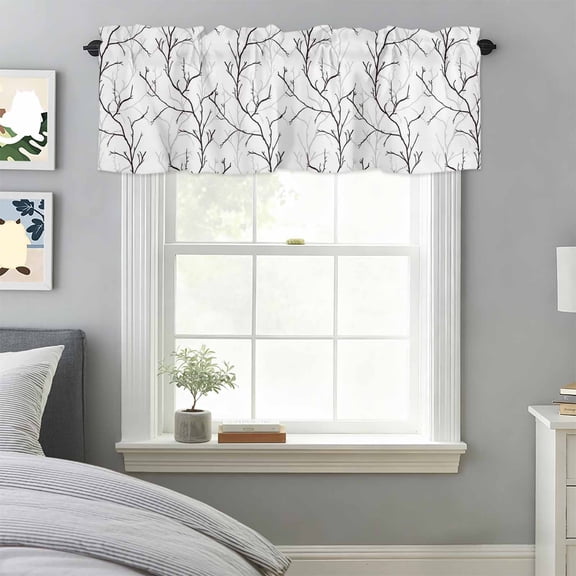Retro Tree Branches Texture Valances for Windows,Kitchen Valance Rod Pocket Short Curtain, Vintage Plants on White Valance Curtain Window Valances for Bedroom Bathroom Living Room 42x18in