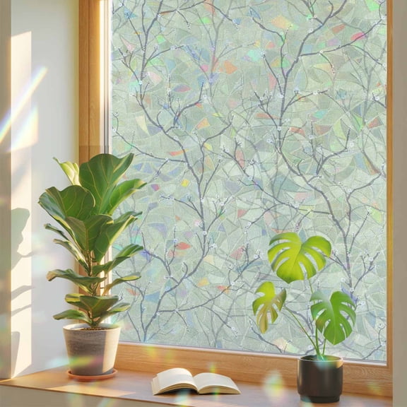 Retro Tree Branches Texture Window Privacy Film, Rainbow Film Decorative Window Sticker 17.7x39.3in, Vintage Plants on Green Sun Blocking Static Stained Glass Cling Tint Non-Adhesive
