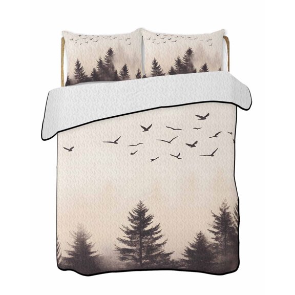 Retro Trees Plants 3 Piece Quilt Bedding Set with 2 Pillow Shams, Watercolor Forests Birds Lightweight Bedspread Coverlet, Soft Breathable All Season Quilt, 90 x 96 Inch