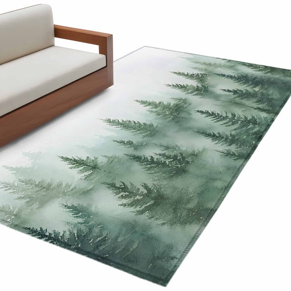 Retro Trees Plants Area Rug 4x6ft Watercolor Green Mountain Forest Non-Slip Washable Square Rugs Soft Felt Indoor Floor Mat for Bedroom Kitchen Living Room Bathroom