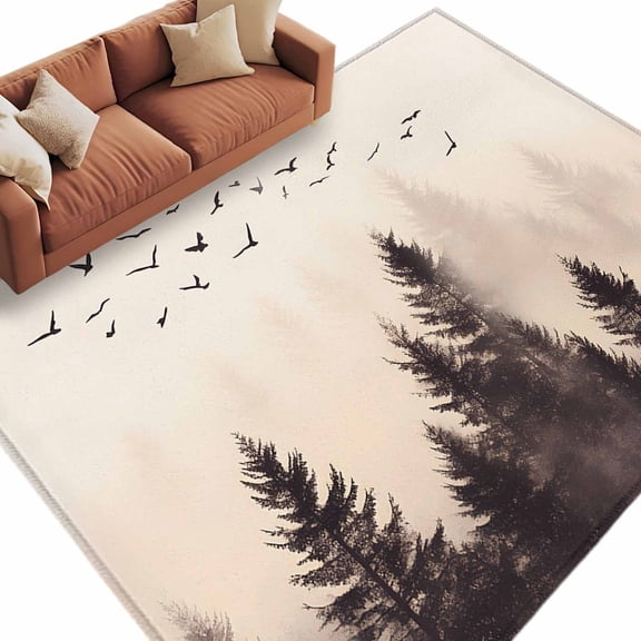 Retro Trees Plants Area Rug 6x9ft Watercolor Forests Birds Non-Slip Washable Square Rugs Soft Felt Indoor Floor Mat for Bedroom Kitchen Living Room Bathroom