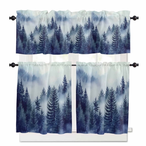 Retro Trees Plants Kitchen Curtains Valances and Tiers Set of 3, 24 Inch Length Tier Curtains and Valance Rod Pocket Valance Curtains Set for Kitchen Bathroom Small Windows