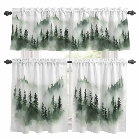 Retro Trees Plants Kitchen Curtains Valances and Tiers Set of 3 Watercolor Green Forests Mountains Tier Curtains and Valance with Rod Pocket for Small Windows, 27.5"x24"