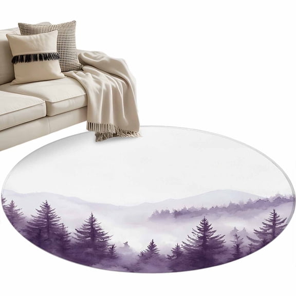 Retro Trees Plants Round Area Rug 3ft Purple Watercolor Mountain Forest Non-Slip Washable Circle Rugs Soft Felt Indoor Floor Mat for Bedroom Kitchen Living Room Bathroom
