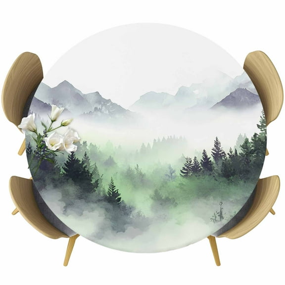 Retro Trees Plants Round Fitted Tablecloth with Elastic Edge, Green Mountain Forests Birds Stretch Table Covers for 36"-44" Tables Wipeable Table Cloth for Outdoor