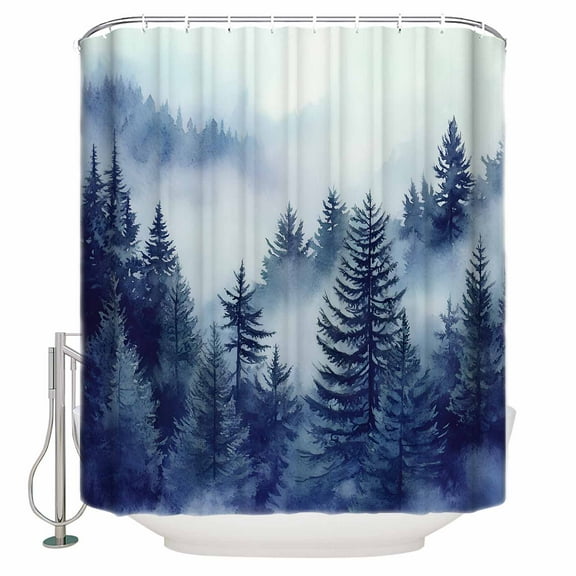 Retro Trees Plants Shower Curtain, 60" x 72", Watercolor Gary Blue Mountain Forest Waterproof Bathroom Curtain Washable Shower Curtain Set with 12 Hooks