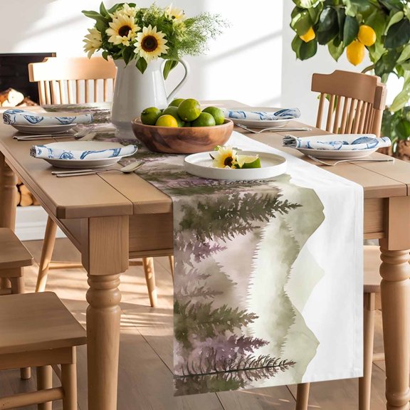 Retro Trees Plants Table Runner, Green Mountain Forests Bird Washable Kitchen Table Runners Dress Scarves for Dining Table Decorations Party/Restaurant/Indoor Outdoor Use, 13x36in