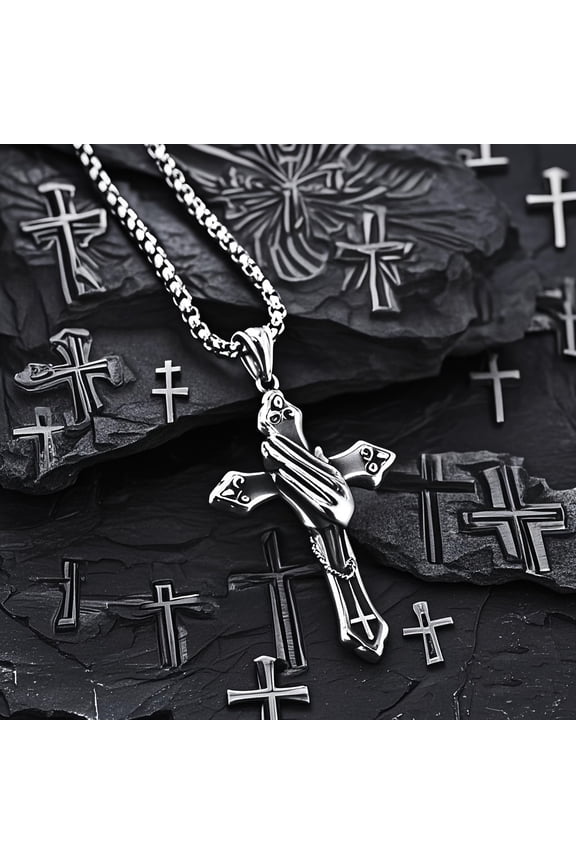 Retro Trendy Prayer Hand Antique Silveryy Cross Necklace, Men'S Fashionable And Versatile Accessory, Father'S Day Gift