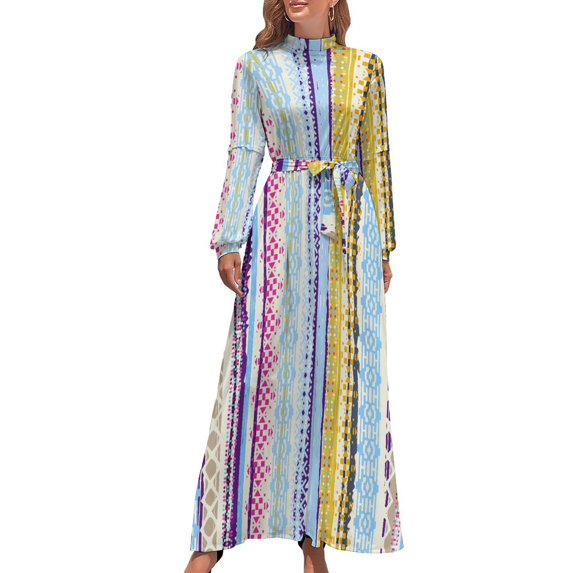 Retro Tribal Dress Ethnic Boho Cute Printed Maxi Dress High Waist Long-Sleeve Street Style Beach Long Dresses