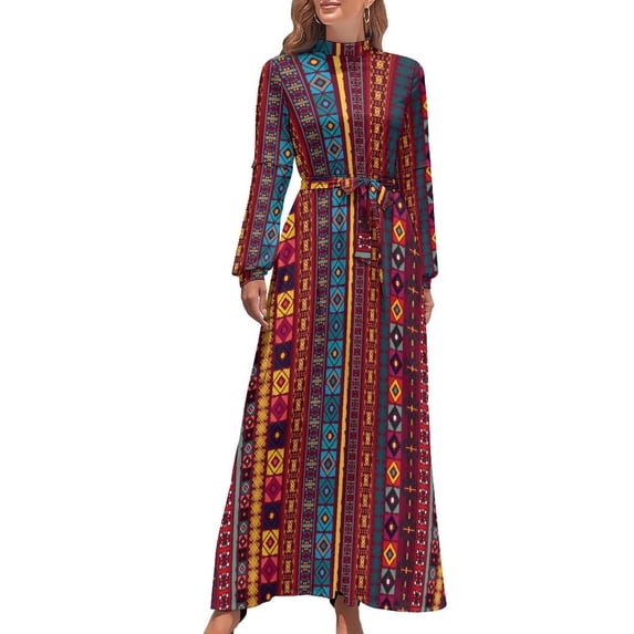 Retro Tribal Dress Ethnic Boho Cute Printed Maxi Dress High Waist Long-Sleeve Street Style Beach Long Dresses