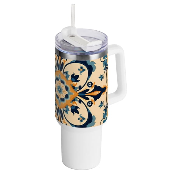 Retro Tribal Pattern 40 oz Tumbler with Handle Insulated&nbsp;Travel Mug&nbsp;Lid Straw Leak Proof Steel Vacuum Water Bottles Glasses Fits in Car Cup Holder