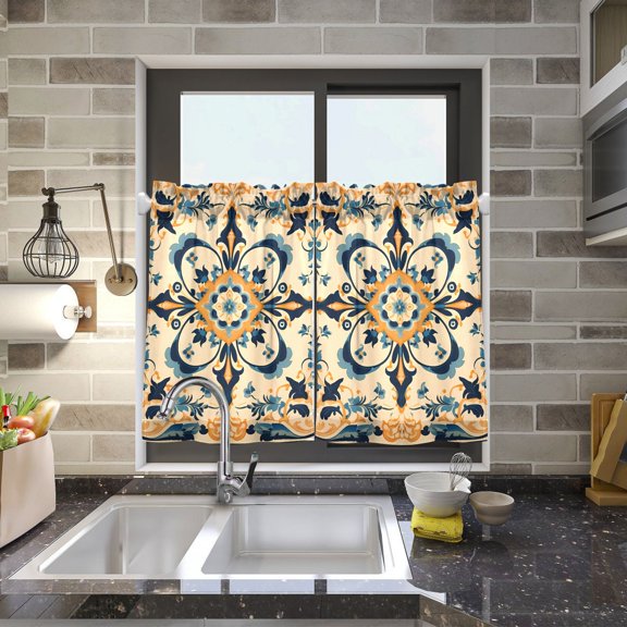 Retro Tribal Pattern Kitchen Curtains Half Tier Curtain 2 Rod Pockets Bathroom Bedroom Cupborad Living Room 27"x24"