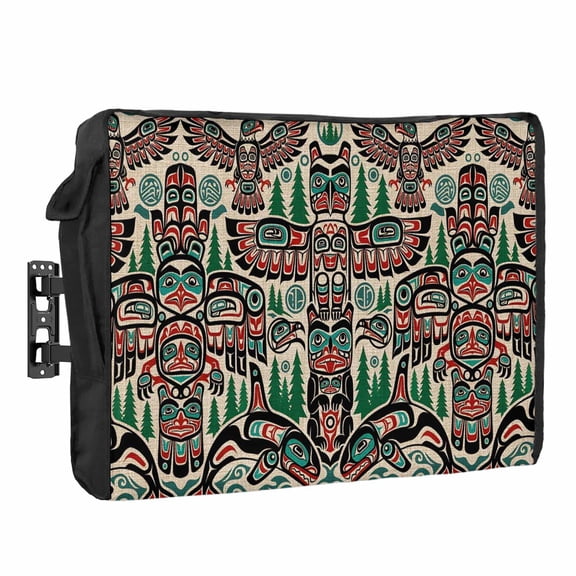 Retro Tribal Pattern Outdoor TV Cover 30 to 32 inch Weatherproof Waterproof, Green Forest Red Birds Fish Abstract TV Enclosures with Remote Control Pocket Flat Screen Protector for Outside