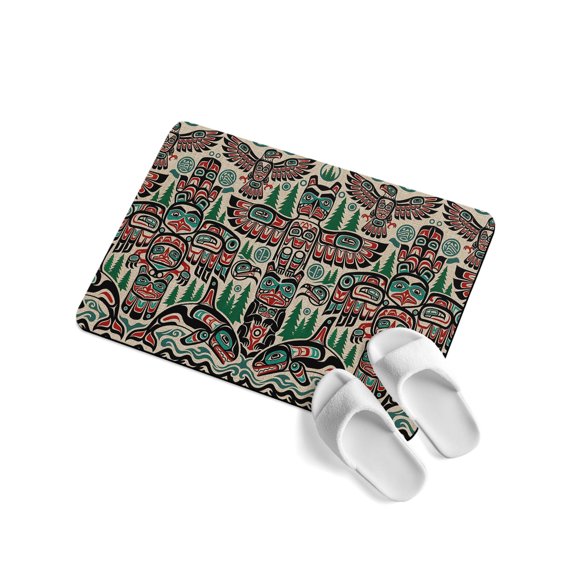 Retro Tribal Pattern Soft Diatomaceous Earth Mat, Green Forest Red Birds Fish Abstract Absorbent Bath Mat Non Slip Rubber Backed Quick Dry Doormat Fit Under Door for Bathroom Kitchen 24"x36"