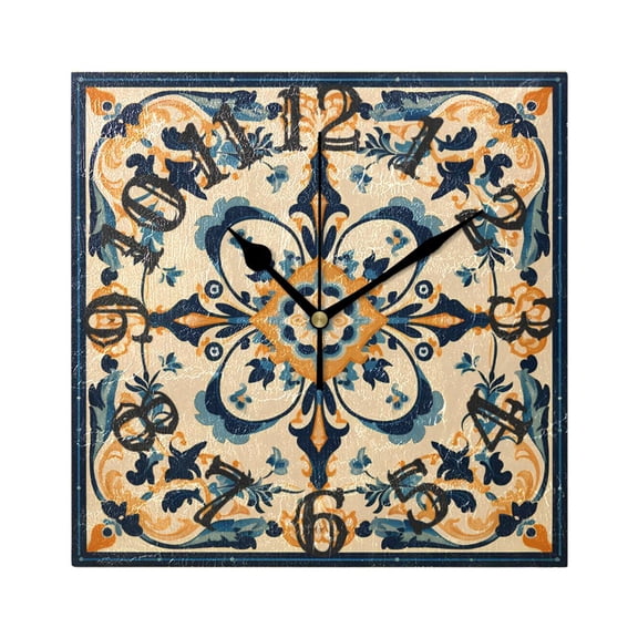 Retro Tribal Pattern Wall Clock Square Silent Non Ticking Battery Operated Clock for Home Bathroom Kitchen Bedroom Living Room