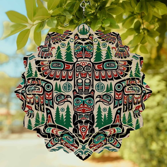 Retro Tribal Pattern Wind Spinner for Garden Yard 8In, Green Forest Red Birds Fish Abstract 3D Stainless Steel Kinetic Hanging Wind Spinners Rustproof Outdoor Decor for Lawn Patio Home