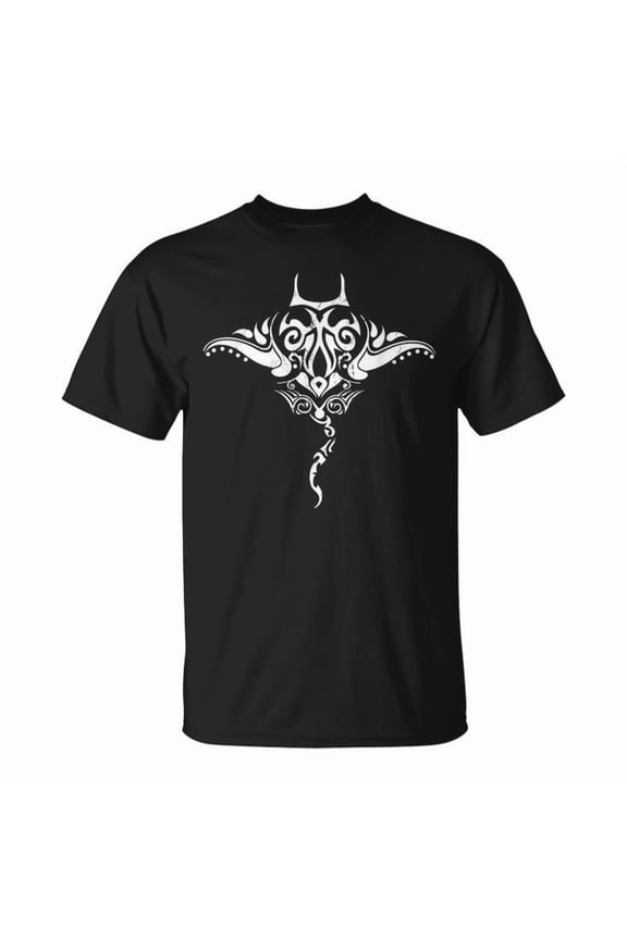 Retro Tribal Stingray Polynesian Tattoo Style Graphic Cotton Tee Unisex Adult Casual Beach Ocean Vacation T-Shirt, Size L, Color Black