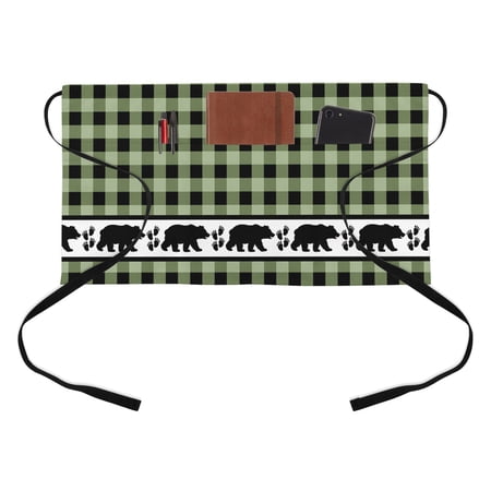 Retro Tribe Bear Half Waist Apron Retro Green Black Checkered Short Waiter Aprons with 3 Pockets for Women Men Kitchen Restaurant Cooking