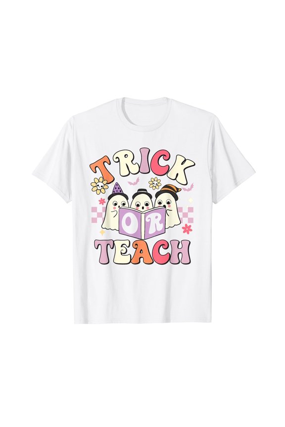Retro Trick Or Teach Spooky Season Ghost Halloween Teacher T-Shirt