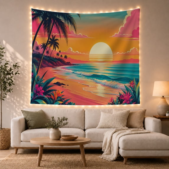 Retro Tropical Beach Sunset with Palm Trees in Dreamy Coastal Style for Beach Lovers, Coastal Beach Art Decor Housewarming Gift, Tapestry Wall Hanging for Bedroom and Living Room