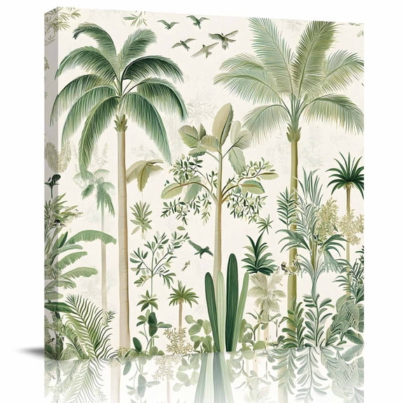 Retro Tropical Forest Scene Canvas Artwork Painting Art, Green Coconut Tree Bird Square Framed Wall Decorations Prints Picture for Bedroom Kitchen Living Room, 12x12 in