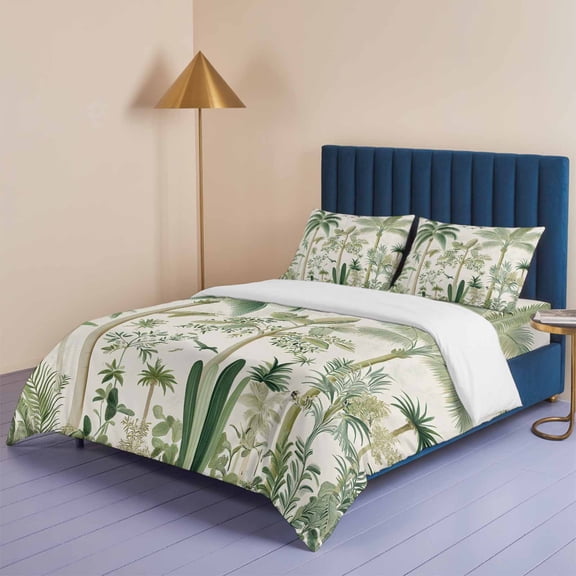 Retro Tropical Forest Scene Queen Size Bed Set,Green Coconut Tree Bird Bedding for All Seasons,4 Pcs Bed Set,1 Quiltcover (90"x90"),1 Sheet (90"x102"),2 Pillowcases (20"x30")