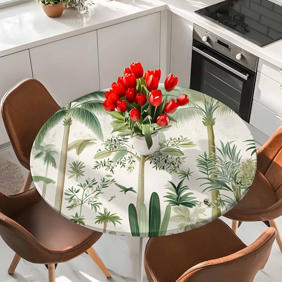 Retro Tropical Forest Scene Round Fitted Tablecloth with Elastic Edge,Waterproof Table Cloth Fits Tables 36"-44",Wipeable Washable Table Cover for Indoor Outdoor Dinning Party,Green Coconut Tree Bird
