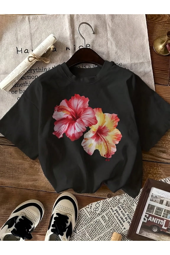 Retro Tropical Hibiscus Floral Graphic T-Shirt Women Summer Hawaiian Flower Casual Short Sleeve Black Cotton Apparel Tee Top