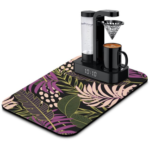 Retro Tropical Leaf Coffee Mat, Absorbent Diatom Mud Dish Drying Pad with Jungle Palm Design, Summer Vibe Counter Mat for Kitchen