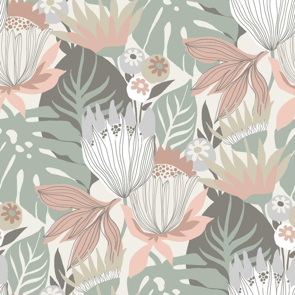 Pink and Green Tropical Leaves Peel and Stick Vinyl Wallpaper