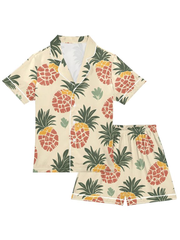 Retro Tropical Pineapple Print Boy Girls Satin Pajamas Set Button-Up Short Sleeve Pj Sleepwear for 11-12 Years