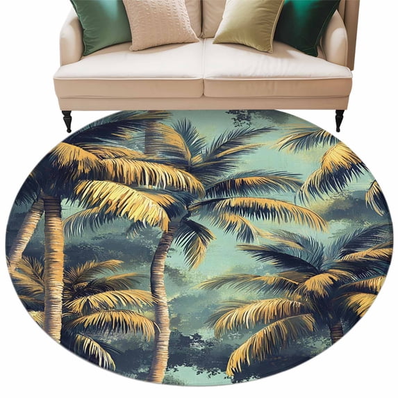 Retro Tropical Plant Round Area Rug 8ft Watercolor Green Palm Leaf Non-Slip Washable Circle Rugs Soft Felt Indoor Floor Mat for Bedroom Kitchen Living Room Bathroom